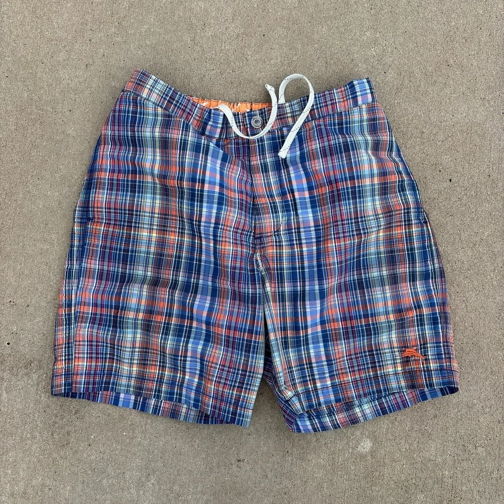 Tommy Bahama Swim Trunks Mens Medium Blue Plaid Mesh Lined Drawstring Shorts‎
